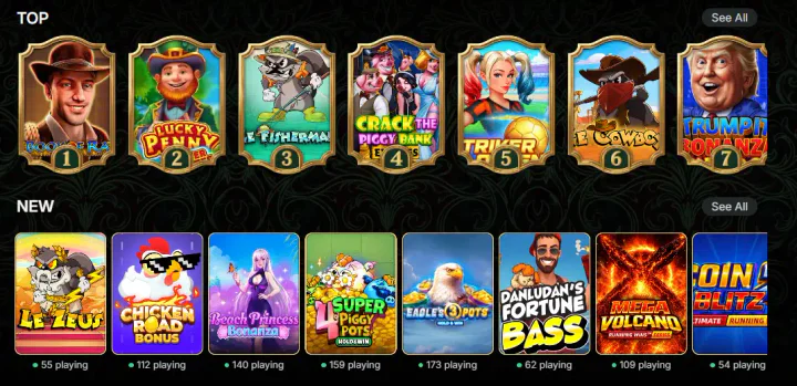 SherLuck Casino game lobby displaying top-ranked and new slot games with player counts