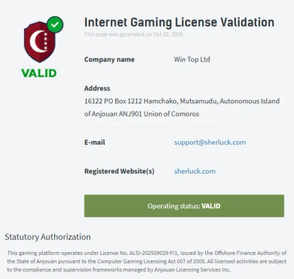 SherLuck Casino licence validation page showing Win Top Ltd., the registered website and VALID operating status